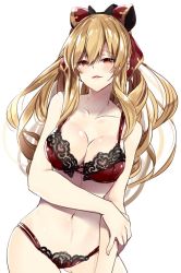 Rule 34 | 1girl, 218, black bow, blonde hair, bow, bra, breasts, cleavage, contrapposto, empty eyes, granblue fantasy, hair bow, lace, lace-trimmed bra, lace-trimmed panties, lace trim, large breasts, lingerie, long hair, navel, orange eyes, panties, ponytail, red bra, red eyes, red panties, solo, swimsuit, underwear, vira (granblue fantasy)