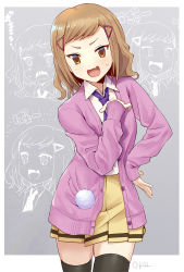 Rule 34 | 1girl, :d, black thighhighs, blush, brown eyes, brown hair, brown skirt, cardigan, collared shirt, commentary request, expressions, fang, hair ornament, hairclip, hand on own hip, hand up, highres, long sleeves, looking at viewer, minami koharu, necktie, okiru, open cardigan, open clothes, open mouth, pink cardigan, pleated skirt, purple necktie, shirt, skirt, sleeves past wrists, smile, solo, sweat, thighhighs, translation request, v-shaped eyebrows, watashi ga motenai no wa dou kangaetemo omaera ga warui!, white shirt