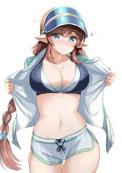 Rule 34 | 1girl, bikini, black bikini, blue eyes, blue hat, blush, braid, breasts, brown hair, cleavage, collarbone, commentary request, cowboy shot, groin, hair between eyes, hat, heart, heart-shaped pupils, highres, kibihimi, large breasts, long hair, looking at viewer, midriff, misato (princess connect!), misato (summer) (princess connect!), navel, open clothes, open shirt, pointy ears, princess connect!, shirt, short shorts, shorts, sidelocks, simple background, smile, solo, standing, striped clothes, striped shirt, striped shorts, sweat, swimsuit, symbol-shaped pupils, vertical-striped clothes, vertical-striped shirt, vertical-striped shorts, visor cap, white background, white bikini, white shirt, white shorts
