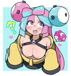 Rule 34 | 1girl, absurdres, breasts, character hair ornament, creatures (company), game freak, hair ornament, highres, iono (pokemon), medium breasts, multicolored hair, nintendo, nipples, outside border, pink hair, pokemon, pokemon sv, sharp teeth, sleeves past fingers, sleeves past wrists, solo, split-color hair, teeth, white-stew
