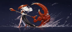 Rule 34 | 1girl, absurdres, black gloves, closed mouth, crab, crab claw, dragging, elbow gloves, fingerless gloves, fysc, gloves, high heels, highres, holding, holding scythe, holding weapon, huge weapon, original, purple eyes, red footwear, red headwear, scythe, solo, walking, water, weapon