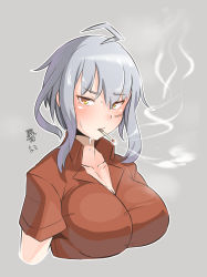 Rule 34 | ahoge, alternate hair length, alternate hairstyle, blush, cigarette, commentary request, gangut (kancolle), grey background, grey hair, highres, kantai collection, konoshige (ryuun), partial commentary, red shirt, shirt, short hair, simple background, smoke, smoking, solo, sweat, upper body, yellow eyes