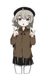 Rule 34 | 1girl, :o, ahoge, beret, black hat, black skirt, blush, brown eyes, brown jacket, collared jacket, cropped legs, double fox shadow puppet, fox shadow puppet, grey hair, half-closed eyes, hands up, hat, hatoba tsugu, highres, jacket, long sleeves, looking at viewer, mole, mole under eye, olo366, pantyhose, pleated skirt, raised eyebrows, simple background, single hair ring, skirt, solo, standing, tsugu (vtuber), white background, white pantyhose