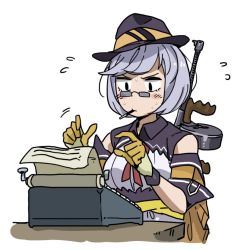 Rule 34 | 1girl, anyan (jooho), blue hair, commentary request, detached sleeves, drum magazine, fedora, girls&#039; frontline, glasses, gun, hat, korean commentary, magazine (weapon), name connection, object namesake, paper, solo, submachine gun, sweat, table, thompson (girls&#039; frontline), thompson submachine gun, typewriter, typing, weapon