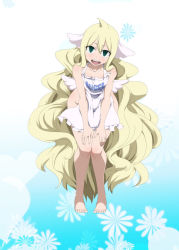 Rule 34 | 1girl, ahoge, apron, artist request, bare arms, bare shoulders, barefoot, blonde hair, collarbone, empty eyes, eyebrows, fairy tail, feet, frills, full body, green eyes, hair between eyes, jpeg artifacts, leaning forward, legs together, long hair, looking at viewer, mavis vermilion, naked apron, open mouth, sidelocks, solo, source request, standing, teeth, toes, very long hair, wings
