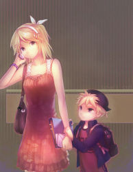 Rule 34 | 1boy, 1girl, aged down, aged up, backpack, bag, bare shoulders, baseball cap, blonde hair, brother and sister, casual, cellphone, dress, folder, hair ornament, hairband, hairclip, hat, holding another&#039;s wrist, jacket, kagamine len, kagamine rin, phone, ponytail, purple eyes, randoseru, short hair, siblings, time paradox, twins, vocaloid, yandywu