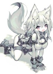 Rule 34 | 1girl, :d, all fours, animal ear fluff, animal ears, bad id, bad twitter id, blush, boots, breasts, cleavage, fang, fingerless gloves, fox ears, fox girl, fox tail, full body, gloves, grey gloves, grey hair, hair between eyes, large breasts, long hair, looking at viewer, mamuru, open mouth, original, pink eyes, simple background, smile, solo, tail, thigh strap, thighs, white background