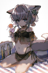Rule 34 | 1girl, absurdres, animal ear fluff, animal ears, arknights, bag, bare shoulders, barefoot, bendy straw, bikini, black bikini, blue eyes, closed mouth, commentary request, cup, drink, drinking straw, gradient background, grey background, grey hair, hair between eyes, highres, holding, holding cup, hossi, ice, ice cube, looking at viewer, material growth, navel, official alternate costume, oripathy lesion (arknights), see-through, seiza, sitting, solo, sussurro (arknights), sussurro (summer flower) (arknights), swimsuit, tail, transparent, white background