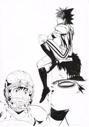 Rule 34 | :o, absurdres, american football helmet, american football uniform, commentary request, elbow on knee, eyeshield 21, from behind, from side, greyscale, helmet, highres, kobayakawa sena, looking afar, looking up, male focus, monochrome, multiple views, murata yuusuke, open mouth, pointy hair, scan, simple background, sitting, sportswear, sweatdrop, unfinished, white background