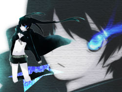 Rule 34 | 10s, 1girl, bad id, bad pixiv id, belt, bikini, bikini top only, black hair, black rock shooter, black rock shooter (character), blue eyes, boots, coat, female focus, flat chest, front-tie top, glowing, glowing eyes, hair over one eye, hatsune miku, hood, hooded jacket, jacket, knee boots, kneeling, long hair, midriff, navel, pale skin, scar, short shorts, shorts, solo, star (symbol), stitches, swimsuit, takatori akira, twintails, uneven twintails, very long hair, vocaloid, wind, zoom layer