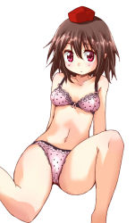 Rule 34 | 1girl, blush, bow, bow bra, bra, hat, lace, lace-trimmed bra, lace-trimmed panties, lace trim, looking at viewer, naegi (naegidokoro), navel, panties, pink bra, pink panties, pointy ears, polka dot, polka dot bra, polka dot panties, red eyes, shameimaru aya, short hair, simple background, solo, tokin hat, touhou, underwear, underwear only, white background