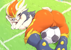 Rule 34 | 1girl, animal ears, animal feet, animal nose, artist name, ass, ball, blue fur, body fur, breasts, cinderace, cleft of venus, creatures (company), crossed arms, female focus, furry, furry female, game freak, gen 8 pokemon, grass, highres, large breasts, looking back, multicolored fur, nintendo, open mouth, outdoors, pokemon, pokemon (creature), pussy, rabbit ears, rabbit girl, rabbit tail, red eyes, red fur, sideboob, signature, smile, soccer ball, solo, teeth, top-down bottom-up, upper teeth only, viejillox, white fur, yellow fur