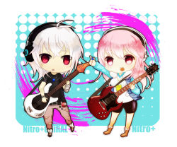 Rule 34 | 1boy, 1girl, bad id, bad pixiv id, badge, breasts, brother and sister, chibi, company connection, electric guitar, guitar, headphones, instrument, large breasts, long hair, mascot, matari, naitou-kun, nitro+ chiral, nitroplus, open mouth, pink hair, plectrum, red eyes, siblings, silver hair, smile, super sonico