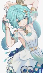 Rule 34 | 1girl, aqua hair, aqua nails, arin (1010 ssu), armpits, arms up, bracelet, commentary request, cowboy shot, dress, faruzan (genshin impact), genshin impact, green eyes, grey background, hair ornament, highres, jewelry, long hair, looking at viewer, nail polish, short sleeves, simple background, smile, solo, standing, twintails, very long hair, white dress, x hair ornament