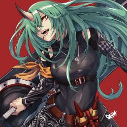 Rule 34 | arched back, arknights, armband, belt, belt pouch, black footwear, black sleeves, breasts, brown belt, chest harness, clothing cutout, commentary, facial scar, fangs, green hair, hair over one eye, harness, highres, holding, holding shield, holding weapon, horns, hoshiguma (arknights), hoshiguma (ronin huntress) (arknights), huge weapon, jewelry, leather shirt, leather strap, long hair, long sleeves, magatama, magatama necklace, mask, medium breasts, necklace, neclace, official alternate costume, oni mask, open mouth, outstretched arm, peppsi (saba sabasuk0), pouch, red background, scar, scar on cheek, scar on face, shield, shirt, shoulder cutout, signature, simple background, single horn, skin-covered horns, standing, teeth, tight clothes, tight shirt, tongue, underbust, upper body, weapon, yellow eyes