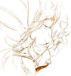 Rule 34 | 1girl, ahri (league of legends), animal ears, bare shoulders, breasts, cleavage, detached sleeves, facial mark, fox ears, fox tail, heart, highres, korean clothes, large breasts, league of legends, light smile, long hair, looking at viewer, monochrome, multiple tails, silver (chenwen), simple background, sketch, solo, tail, whisker markings, white background