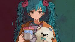 Rule 34 | 1girl, bear hair ornament, blue hair, brown eyes, closed mouth, coffee mug, commentary request, cup, doughnut, earrings, food, green background, hair ornament, hatsune miku, heart, heart hair ornament, jacket, jewelry, long hair, looking at viewer, maple (abc2215), mug, orange jacket, purple shirt, red background, shirt, solo, stud earrings, stuffed animal, stuffed toy, teddy bear, twintails, two-tone background, upper body, vocaloid