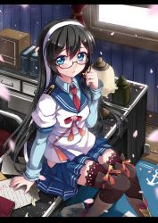 Rule 34 | 10s, 1girl, absurdres, black hair, blue eyes, blush, book, desk, drawer, glasses, hairband, highres, kantai collection, kneehighs, letterboxed, long hair, looking at viewer, north abyssor, on desk, ooyodo (kancolle), paper, parted lips, petals, sailor collar, school uniform, serafuku, sitting, on desk, skirt, socks, solo