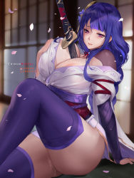 Rule 34 | 1girl, areola slip, bare shoulders, between breasts, braid, breast hold, breasts, chihunhentai, cleavage, detached collar, genshin impact, hair ornament, japanese clothes, katana, kimono, knees up, large breasts, long hair, long sleeves, looking at viewer, low-braided long hair, low-tied long hair, obi, off shoulder, petals, purple eyes, purple hair, purple kimono, purple thighhighs, pussy juice, raiden shogun, sash, sitting, solo, sword, thighhighs, thighs, weapon, wide sleeves