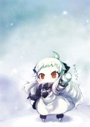 Rule 34 | 10s, 1girl, abyssal ship, ahoge, arm up, blush stickers, brown eyes, colored skin, dress, hiichisato, kantai collection, mittens, northern ocean princess, snowing, solo, white hair, white skin