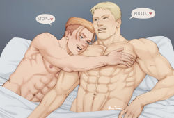Rule 34 | 2boys, abs, alina james, bara, bed, blonde hair, blue eyes, brown eyes, brown hair, couple, facial hair, hand on another&#039;s chest, highres, hug, large pectorals, looking at another, lying, male focus, multiple boys, navel, nipples, on back, on bed, open mouth, pectorals, pillow, porco galliard, reiner braun, shingeki no kyojin, short hair, smile, teeth, under covers, undercut, yaoi