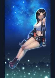 Rule 34 | 1girl, absurdres, bare legs, bare shoulders, belt, black skirt, black sleeves, black socks, breasts, closed eyes, commentary request, crop top, detached sleeves, earrings, elbow pads, final fantasy, final fantasy vii, fingerless gloves, full body, glint, gloves, hair behind ear, highres, invisible chair, jewelry, large breasts, legs, light blush, light particles, long hair, low-tied long hair, materia, midriff, miniskirt, mountainous horizon, navel, night, night sky, parted lips, red footwear, red gloves, single earring, single elbow pad, single sidelock, sitting, skirt, sky, sleeping, socks, solo, star (sky), starry sky, suspender skirt, suspenders, tank top, teardrop earrings, tifa lockhart, very long hair, white tank top, zupakyo