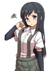 Rule 34 | 10s, 1girl, arm warmers, asashio (kancolle), black hair, blue eyes, blush, gazacy (dai), highres, kantai collection, long hair, looking at viewer, pleated skirt, school uniform, simple background, skirt, solo, squiggle, suspenders, upper body, white background