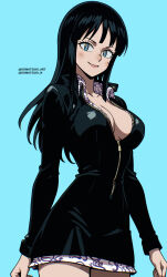 Rule 34 | 1girl, black dress, black hair, blue background, blue eyes, blunt bangs, breasts, cleavage, commentary, cowboy shot, dress, english commentary, highres, instagram username, komatsuki n, leather dress, long hair, long sleeves, looking at viewer, nico robin, one piece, simple background, smile, solo, twitter username, zipper