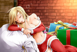 Rule 34 | 1girl, blonde hair, blush, breasts, closed eyes, gift, kappamaru, large breasts, long hair, red thighhighs, santa costume, solo, thighhighs