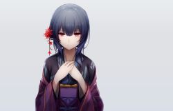 Rule 34 | 1girl, bad id, bad twitter id, black hair, closed mouth, commentary request, flower, hair between eyes, hair flower, hair ornament, idolmaster, idolmaster shiny colors, japanese clothes, kimono, long sleeves, looking at viewer, morino rinze, okakasushi, red eyes, short hair, simple background, solo