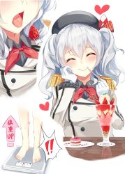 Rule 34 | 10s, 1girl, beret, blouse, blush, bow, collared shirt, eating, epaulettes, closed eyes, food, fork, frilled sleeves, frills, fruit, gloves, grey shirt, hand on own cheek, hand on own face, hat, heart, highres, holding, holding fork, ice cream, igayan, jacket, kantai collection, kashima (kancolle), long hair, long sleeves, looking at viewer, multiple views, open mouth, scales, shirt, silver hair, simple background, smile, strawberry, sundae, twintails, utensil in mouth, wafer stick, weight conscious, white gloves, white jacket