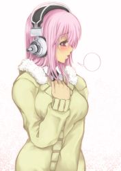 Rule 34 | 1girl, blank speech bubble, blush, breasts, cardigan, deni m, hand on own chest, headphones, large breasts, long hair, looking away, necktie, nitroplus, open mouth, pink eyes, pink hair, solo, speech bubble, super sonico