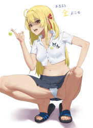 Rule 34 | 1girl, absurdres, ahoge, badge, bangom r, bare legs, blonde hair, breasts, brown eyes, button badge, cameltoe, candy, collared shirt, commentary, cropped shirt, feet, food, fortissimo, full body, hair ornament, hair ribbon, hand on own knee, hand up, highres, holding, holding candy, holding food, holding lollipop, hololive, hololive dev is, legs, lollipop, long hair, looking at viewer, medium breasts, midriff, miniskirt, musical note, musical note hair ornament, nail polish, navel, open mouth, otonose kanade, panties, partially unbuttoned, pleated skirt, red nails, red ribbon, ribbon, romaji commentary, sandals, school uniform, shaded face, shirt, simple background, skirt, solo, squatting, teeth, tiptoes, toenails, toes, underwear, virtual youtuber, white background, white panties