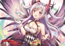 Rule 34 | 10s, 1girl, breasts, cleavage, commentary request, crown, demon horns, drill hair, eyeball, granblue fantasy, horns, idolmaster, idolmaster cinderella girls, kanzaki ranko, long hair, red eyes, ribbon, silver hair, smile, solo, tailam, twin drills, twintails, wings