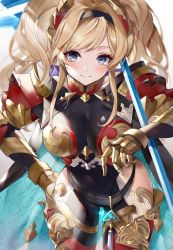 1girl, bangs, blonde hair, blue eyes, blush, bodysuit, breasts, cape, covered navel, granblue fantasy, hair intakes, hairband, highres, hinahino, hip vent, large breasts, leaning forward, long hair, looking at viewer, polearm, red armor, sidelocks, simple background, smile, spear, thighs, twintails, weapon, zeta (granblue fantasy)