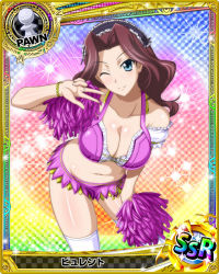 Rule 34 | 10s, 1girl, artist request, blue eyes, bracelet, breasts, brown hair, burent, card (medium), character name, checkered background, cheerleader, chess piece, covered erect nipples, gradient background, high school dxd, jewelry, large breasts, midriff, official art, one eye closed, pawn (chess), pom pom (cheerleading), rainbow background, runes, solo, sparkle, thighhighs, trading card, white thighhighs