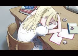 Rule 34 | 1girl, blonde hair, book, chair, commentary request, computer, creatures (company), crossed arms, crumpled paper, from behind, game freak, laptop, letter, letterboxed, lillie (pokemon), nintendo, pen, pokemon, pokemon sm, ponytail, ruidusxyq, shirt, skirt, sleeping, solo, table, white shirt, white skirt
