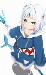 Rule 34 | 1girl, absurdres, animal costume, blue eyes, blue hair, blue hoodie, blue socks, fins, fish tail, gawr gura, gawr gura (1st costume), gessshi, hair ornament, highres, holding trident, hololive, hololive english, hood, hoodie, looking at viewer, medium hair, multicolored hair, shark costume, shark girl, shark hair ornament, shark tail, shoes, smile, sneakers, socks, solo, streaked hair, tail, two side up, virtual youtuber, white background, white footwear, white hair