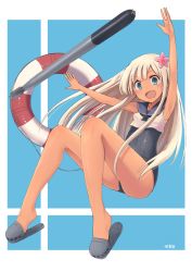 Rule 34 | 10s, 1girl, :d, arms up, azu (azusayumix), bad id, bad pixiv id, bare legs, bare shoulders, blonde hair, blue eyes, blush, crop top, flower, hair flower, hair ornament, kantai collection, lifebuoy, long hair, looking at viewer, neckerchief, open mouth, ro-500 (kancolle), sailor collar, school swimsuit, slippers, smile, solo, swim ring, swimsuit, swimsuit under clothes, torpedo