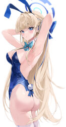 Rule 34 | 1girl, absurdres, animal ears, armpits, arms behind head, arms up, ass, backless leotard, bare arms, bare shoulders, blonde hair, blue archive, blue eyes, blue leotard, blurry, bow, bowtie, braid, breasts, cleavage, cowboy shot, detached collar, earpiece, fake animal ears, fake tail, from behind, hair bow, halo, highleg, highleg leotard, highres, kooemong, leotard, long hair, looking at viewer, looking back, medium breasts, multicolored hair, official alternate costume, parted lips, playboy bunny, rabbit ears, rabbit tail, simple background, skindentation, solo, standing, strapless, strapless leotard, streaked hair, sweat, tail, thighhighs, thighs, toki (blue archive), toki (bunny) (blue archive), twisted torso, very long hair, white background, white thighhighs