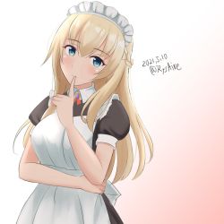 Rule 34 | 1girl, alternate costume, ame-san, apron, black dress, blonde hair, blue eyes, braid, commentary request, cowboy shot, dated, dress, enmaided, finger to mouth, french braid, frilled apron, frills, gradient background, kantai collection, long hair, looking at viewer, maid, maid day, maid headdress, pink background, puffy short sleeves, puffy sleeves, short sleeves, solo, twitter username, warspite (kancolle), white apron