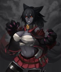 Rule 34 | 1girl, animal ears, animal hands, belt, black hair, black sclera, breasts, cape, collar, colored sclera, cosplay, crossover, fang, fingernails, gorget, hellhound (monster girl encyclopedia), highres, kantai collection, large breasts, legband, less, looking at viewer, midriff, miniskirt, monster girl, monster girl encyclopedia, monster girl encyclopedia ii, musashi (kancolle), musashi (kancolle) (cosplay), nail polish, navel, orange hair, pink nails, red skirt, sakuramon, short hair, skirt, smile, solo, tail, thighhighs, wolf ears, wolf paws, wolf tail, zettai ryouiki