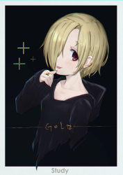 Rule 34 | 1girl, :p, black background, black shirt, blonde hair, blush, closed mouth, collarbone, commentary, ear piercing, earrings, english commentary, fingernails, hair over one eye, hand up, highres, idolmaster, idolmaster cinderella girls, jewelry, long sleeves, looking at viewer, piercing, red eyes, ring, shirasaka koume, shirt, short hair, sleeves past wrists, smile, solo, stud earrings, tongue, tongue out, uneg, upper body