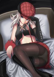 Rule 34 | 10s, 1girl, alisa ilinichina amiella, ass, bed, blue eyes, boots, breasts, crotch seam, elbow gloves, gloves, god eater, god eater burst, hat, highres, large breasts, legs, majicjiang, naughty face, panties, panties under pantyhose, pantyhose, pantyshot, pillow, seductive smile, single shoe, single thighhigh, skirt, smile, solo, suspender skirt, suspenders, thigh boots, thighhighs, underboob, underwear, upskirt, white hair