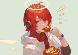 Rule 34 | 1girl, absurdres, arknights, black shirt, bucket of chicken, chicken (food), commentary request, detached wings, eating, energy wings, expressionless, exusiai (arknights), exusiai (city rider) (arknights), food, gloves, green background, hair over one eye, halo, headphones, highres, holding, holding food, hood, hooded jacket, jacket, looking at viewer, miike (992058), neckerchief, official alternate costume, open clothes, open jacket, orange eyes, red hair, red neckerchief, shirt, short hair, sideways glance, simple background, solo, upper body, white gloves, white jacket, wings