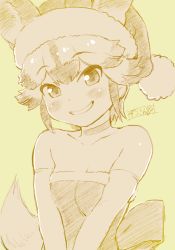Rule 34 | 1girl, african wild dog (kemono friends), alternate costume, animal ears, bare shoulders, blush, breasts, choker, collarbone, commentary request, dog ears, dress, ears through headwear, elbow gloves, extra ears, fur-trimmed dress, fur-trimmed headwear, fur trim, gloves, grin, hat, highres, kemono friends, looking at viewer, masuyama ryou, monochrome, pom pom (clothes), santa hat, short hair, simple background, sketch, small breasts, smile, solo, strapless, strapless dress, upper body, v arms, yellow background, yellow theme