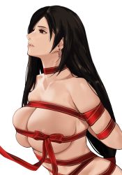 Rule 34 | 1girl, areola slip, arms behind back, black hair, bound, breasts, collarbone, commentary, completely nude, earrings, english commentary, final fantasy, final fantasy vii, highres, j@ck, jewelry, large breasts, long hair, low-tied long hair, naked ribbon, nude, parted lips, red eyes, red ribbon, restrained, revision, ribbon, ribbon bondage, simple background, skindentation, solo, swept bangs, tifa lockhart, upper body, white background