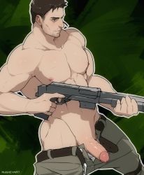 Rule 34 | 1boy, abs, ass, bara, beard, belt, blush, brown hair, chris redfield, clothing aside, erection, facial hair, feet out of frame, foreskin, grey male underwear, gun, highres, holding, holding gun, holding weapon, large pectorals, male focus, male underwear, male underwear aside, male underwear peek, mature male, mugheyart, muscular, muscular male, nipples, open belt, open fly, open pants, pants, pectorals, penis, resident evil, resident evil 5, short hair, solo, stomach, stubble, topless male, uncensored, underwear, weapon