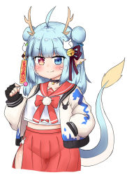 Rule 34 | 1girl, :p, ahoge, antlers, bailingxiao jiu, bell, black choker, black gloves, blue eyes, blue hair, blush, bow, brown ribbon, candy, cat hair ornament, checkerboard cookie, choker, closed mouth, collarbone, cookie, cropped legs, double bun, dragon tail, ear piercing, fingerless gloves, food, gloves, groin, hair bell, hair bun, hair ornament, hair ribbon, hand up, heterochromia, highres, holding, holding candy, holding food, holding lollipop, horns, impossible clothes, jacket, jingle bell, lollipop, long hair, long sleeves, looking at viewer, open clothes, open jacket, original, piercing, pleated skirt, pointy ears, puffy long sleeves, puffy sleeves, red bow, red eyes, red sailor collar, red skirt, ribbon, sailor collar, school uniform, serafuku, shirt, skirt, smile, solo, tail, tail raised, tongue, tongue out, white jacket, white shirt