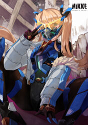 Rule 34 | 1girl, armor, armored bodysuit, armored shoes, blonde hair, blue eyes, building, gloves, goddess of victory: nikke, greaves, jacket, laplace (nikke), long sleeves, mask, one eye closed, puffy long sleeves, puffy sleeves, rubble, skin tight, sky, solo, spread legs, twintails, v, white sky, yona (illusty0na)